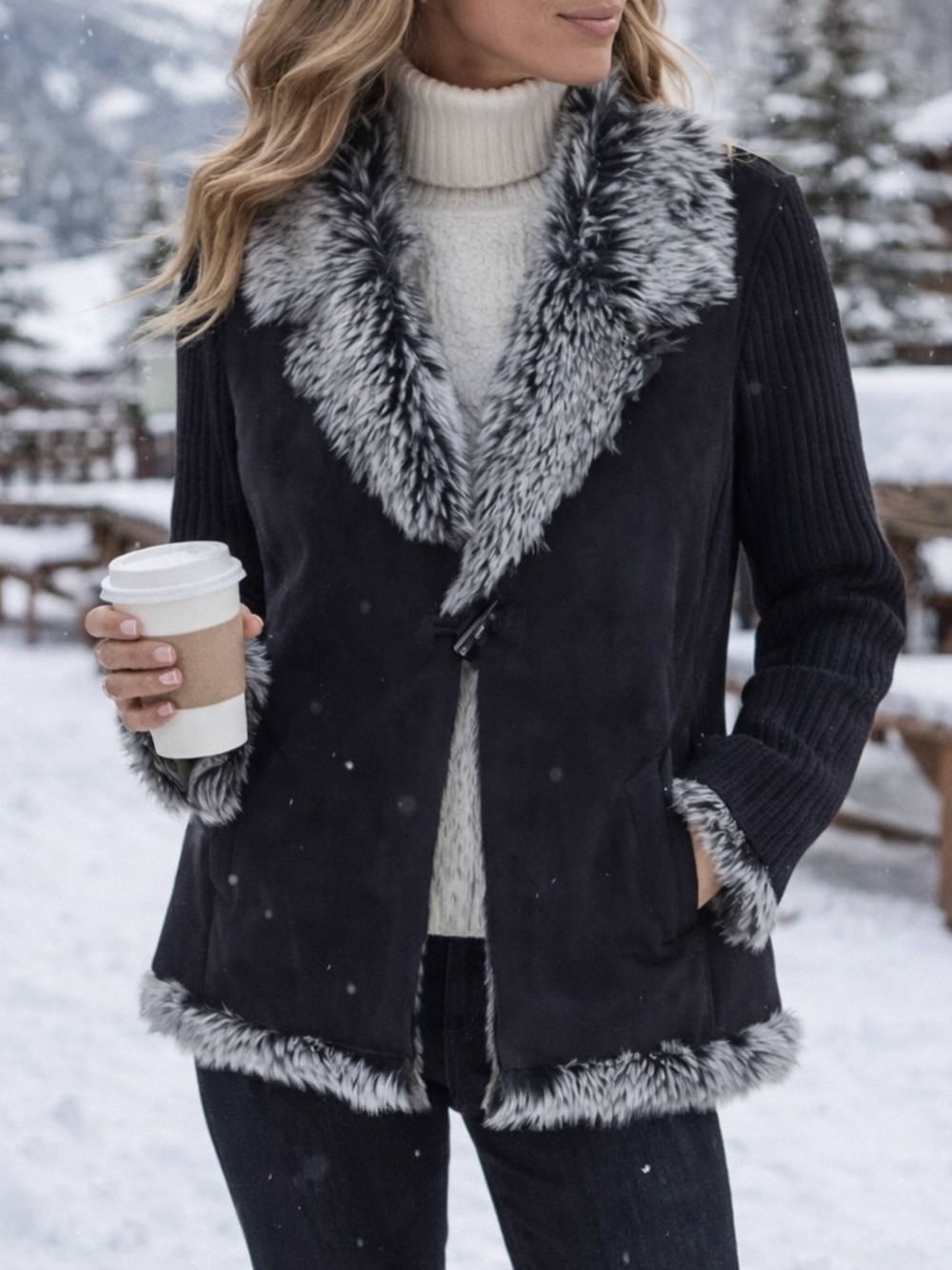 Montanaco Faux Fur Trim Jacket Aspen Après Ski Luxe Cozy Shearling Style Coat L